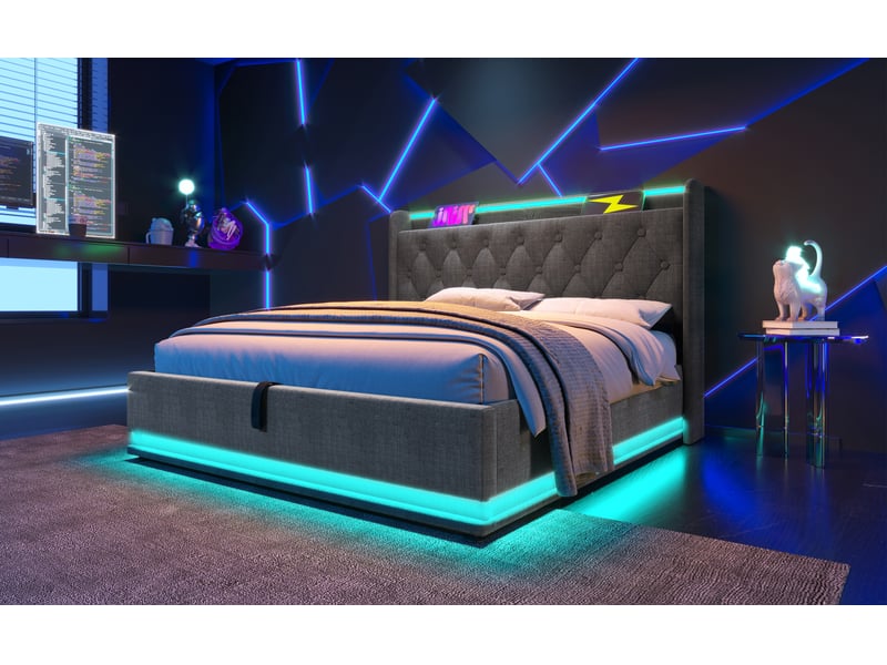  Lit coffre 140x200 cm - lit coffre capitonné double avec rangement hydraulique, led et ports usb-c, tissu lin gris, matelas inclus  - Conforama C