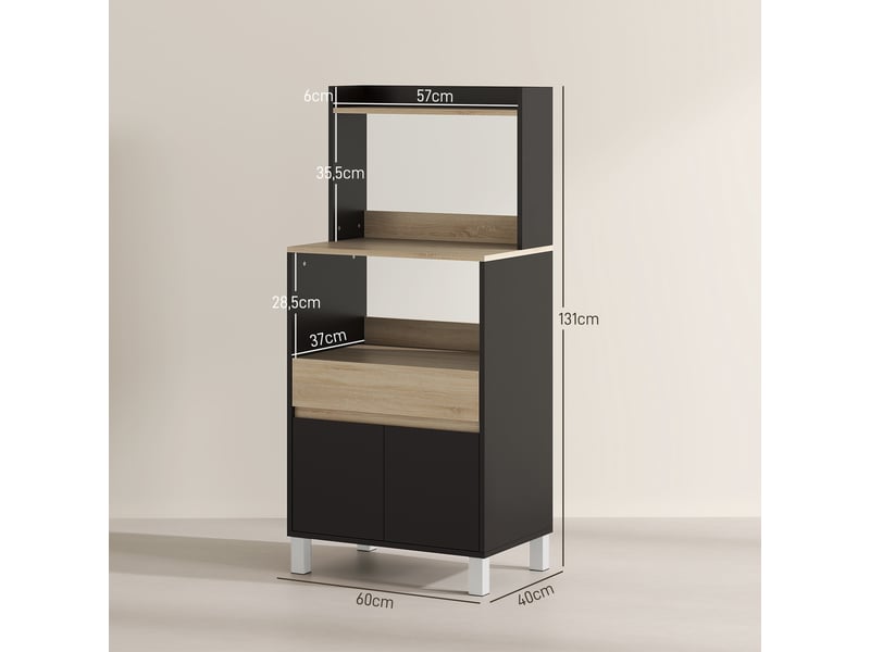  Meuble micro-ondes, buffet de cuisine avec placard, tiroir et étagère, 60 x 40 x 131 cm, chêne et noir  - Conforama E