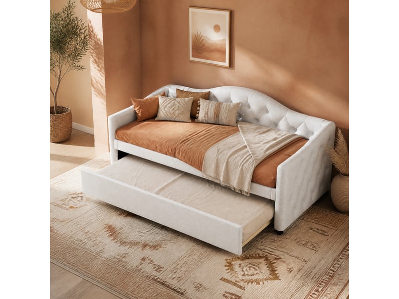 Lit gigogne 90x200 cm avec couchage coulissant 90x190 cm en lin beige  - Conforama D
