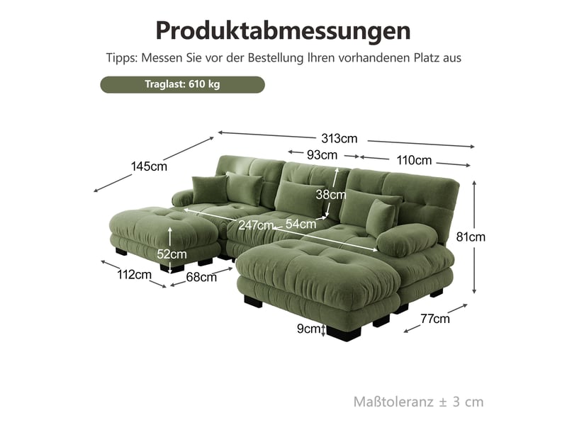  Canapé modulable en u 3 places avec 2 poufs mobiles, chenille vert, assise profonde  - Conforama C
