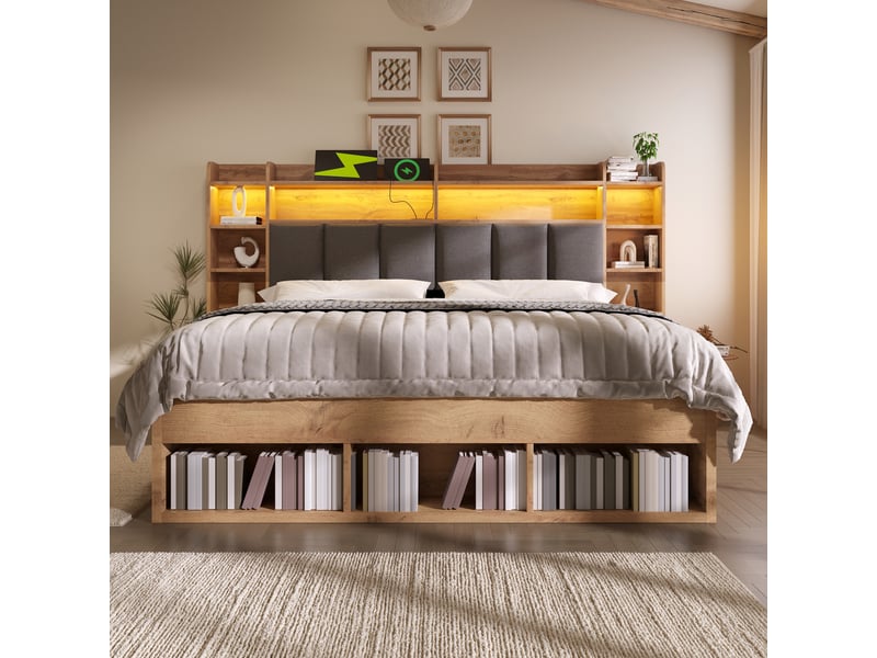  Lit double 180x200 avec rangement - tête de lit led - tables de chevet avec usb et usb-c - sans matelas  - Conforama D