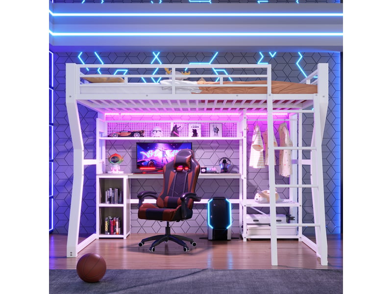 Lit mezzanine 140 × 200 cm 2 places avec led réglable, prise, bureau et rangement, sans matelas, métal blanc - Conforama E