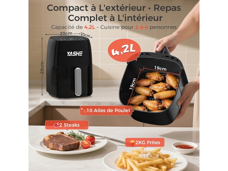  Friteuse à air chaud yashe 4,2 l, noir  - Conforama D