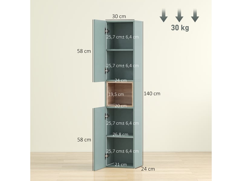  Meuble colonne salle de bain, meuble de rangement, 2 portes, 30x24x140cm, compartiment et étagères réglables, vert  - Conforama C