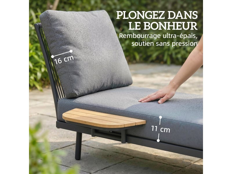  Chaise longue de jardin avec coussins lavables en oléfine et étagère latérale, cadre en métal, 58x137x75cm, gris  - Conforama E