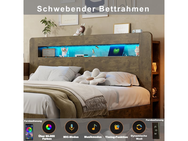  Lit coffre 140x200 cm, lit double, rangement hydraulique, bois, led  - Conforama R