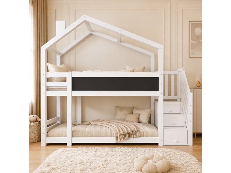 Lit superposé cabane 2 places avec escalier de rangement, tableau et barrières, 90x200 cm, sans matelas - Conforama B
