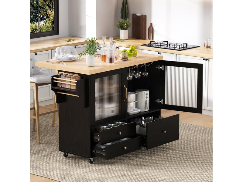  Îlot de cuisine mobile 100x42-70x91,5 cm avec roulettes, plateau extensible, mdf, noir et naturel  - Conforama E