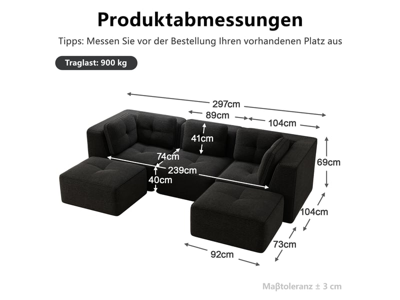 Canapé modulable, canapé 3 places – sans montage, en velours tricoté, sans cadre, assise profonde, noir - Conforama E