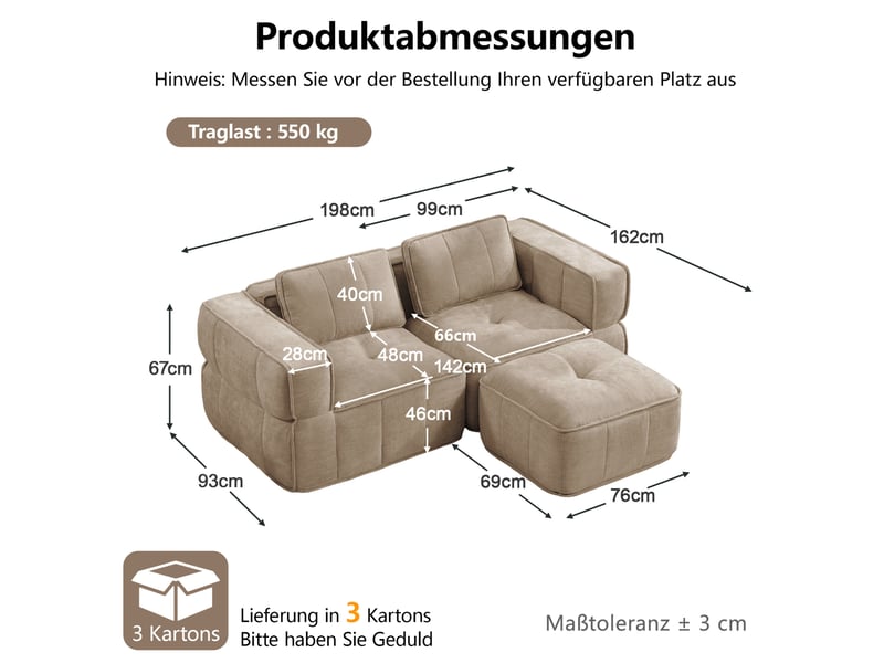Canapé d'angle modulable 2 places avec pouf, assise profonde et base antidérapante en polyester sable - Conforama C