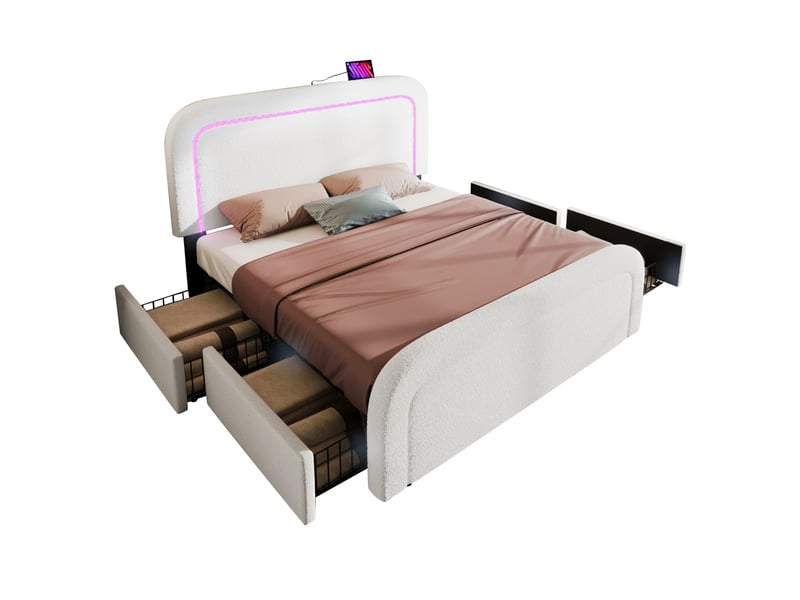 Lit tapissier 160x200 cm en sherpa avec usb type-c, led, 4 tiroirs, sommier et matelas blanc chicfurn  - Conforama A
