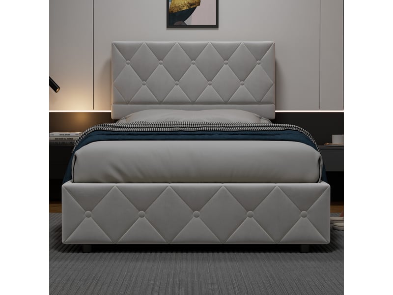  Lit coffre 90x200 cm avec sommier et tête de lit, velours, beige  - Conforama E