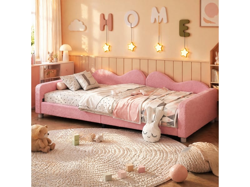 Lit enfant convertible en canapé 90x200 cm en tissu teddy rose - Conforama B