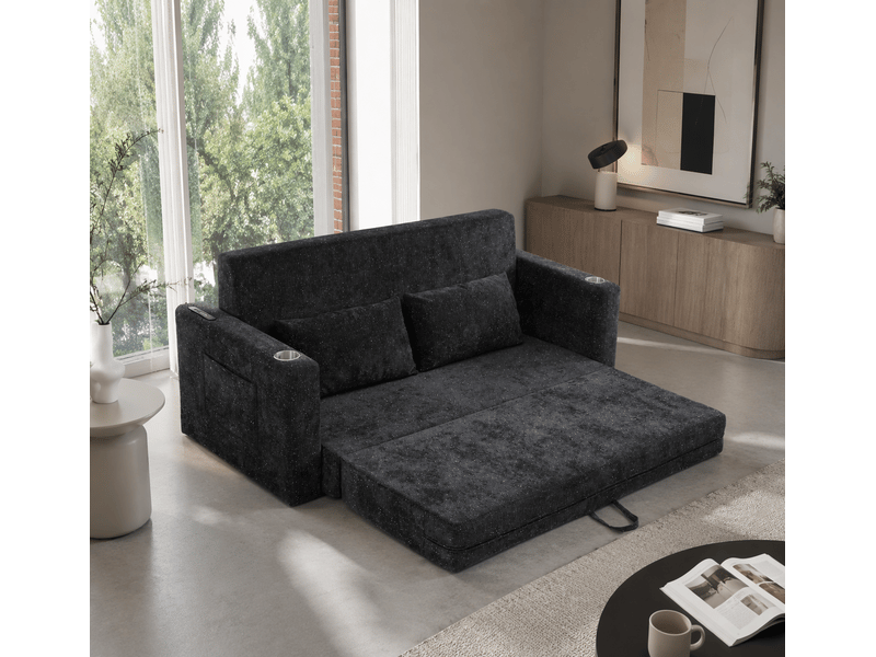  Canapé-lit 2 places convertible, tissu chenille, usb, porte-gobelets, 2 coussins, bleu  - Conforama D