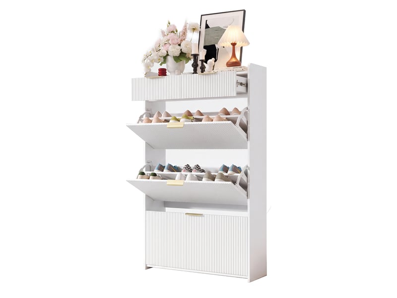 Meuble à chaussures b80t25h135 cm en panneaux de particules avec 3 compartiments rabattables et 2 tiroirs blanc chicfurn - Conforama A