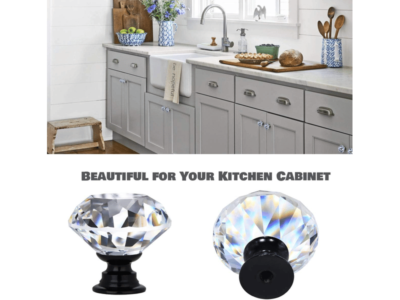  Jeu de 12 poignées décoratives en cristal transparent en forme de diamant pour tiroirs de cuisine et commodes, 30 mm (1-14), base noire  - Conforama D