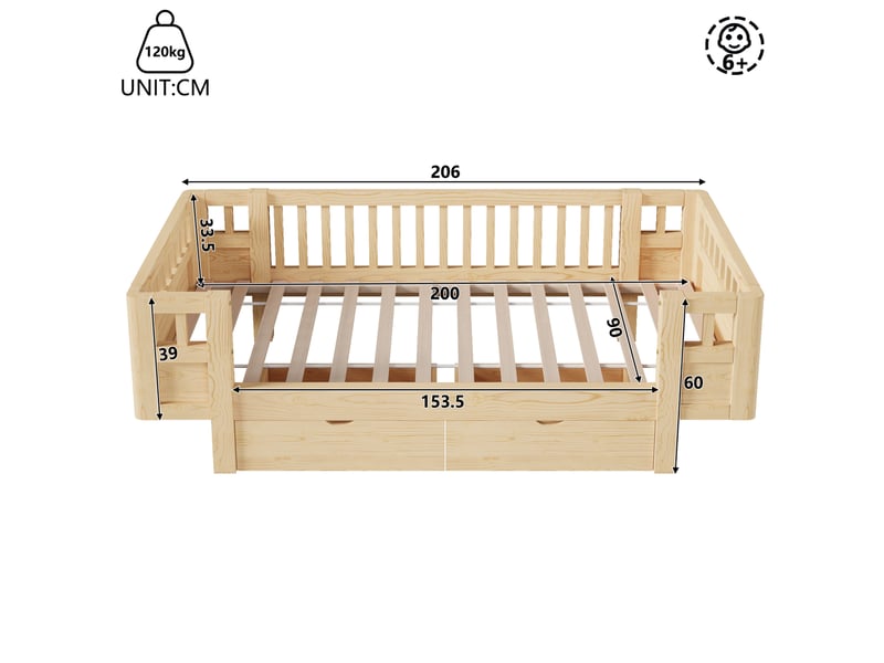  Lit enfant 90x200 cm, bois et mdf, aspect bois, doté de barrière haute et de 2 tiroirs de rangement, sans matelas  - Conforama C