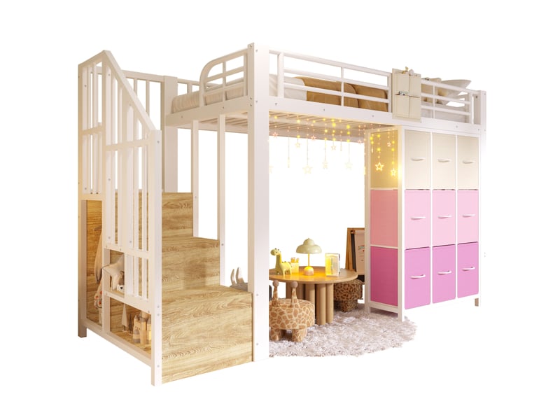  Lit mezzanine enfant 90x200 cm blanc avec rangements et tringle à vêtements  - Conforama A
