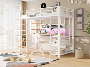 Lit mezzanine 90x200cm avec panneau perforé,bureau avec prise cee, éclairage led multicolore, étagères,échelle, blanc