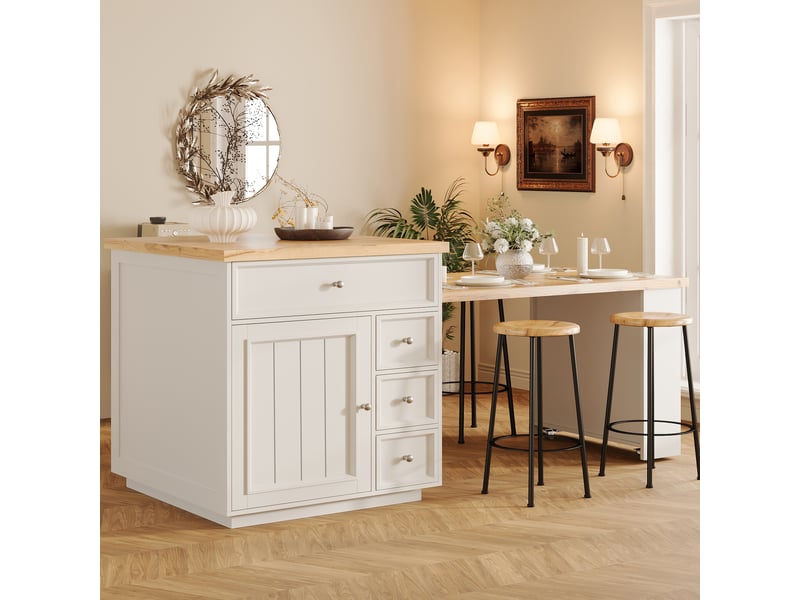  Îlot de cuisine extensible sur roulettes 120-184cm, desserte chariot avec tiroirs et plateau aspect bois, meuble de rangement, blanc  - Conforama R