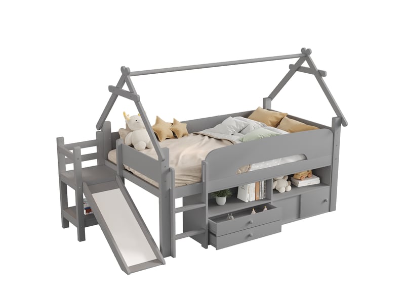 Elvmi lit mezzanine enfant 90x200 cm gris avec toit, toboggan intégré, garde-corps de sécurité, rangements sous le cadre, étagères ouvertes, tiroirs et armoires coulissantes, structure en bois massif et mdf, sommier à lattes, mo…  - Conforama D