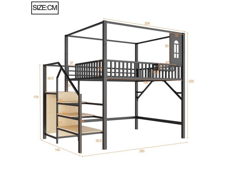 Lit mezzanine 140x200 cm, 250x145x222 cm, toit, escalier rangement, métal et mdf, noir et blanc, sans matelas - Conforama C