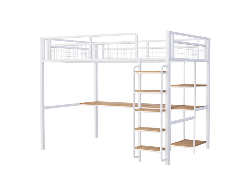  Lit mezzanine 140x200, structure métal robuste avec escalier, garde-corps sécurité, bureau intégré  - Conforama E