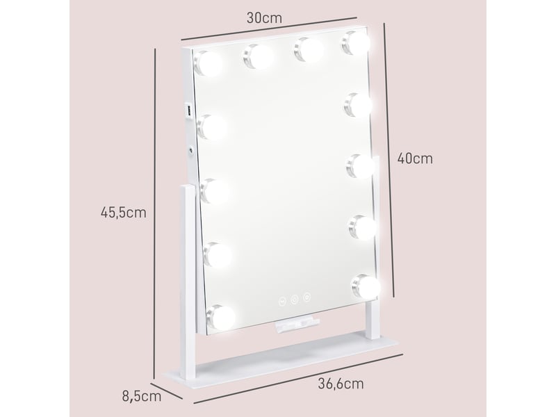  Miroir hollywood avec led 12 ampoules, luminosité réglable, rotation à 360°, grossissement 10x, touche tactile, blanc  - Conforama E
