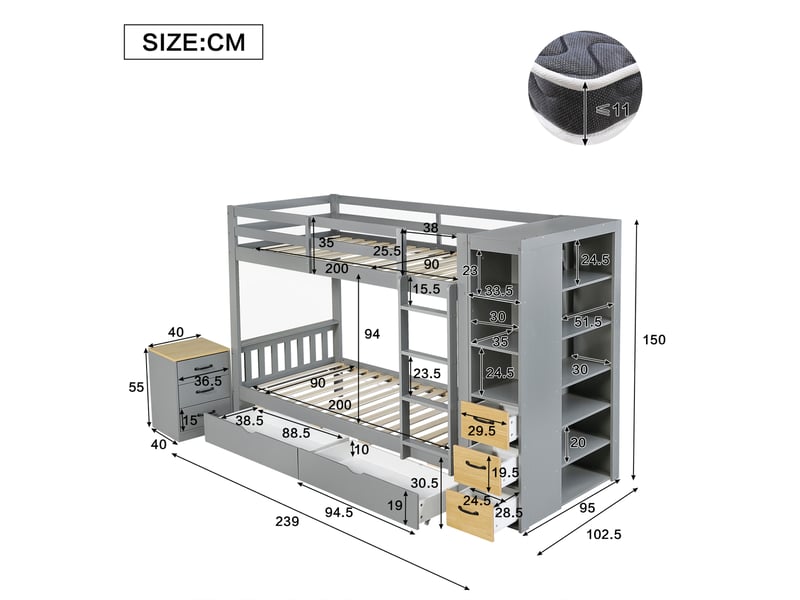 Lit superposé enfant 90 x 200 cm avec rangements, échelle et chevet, gris clair - Conforama C