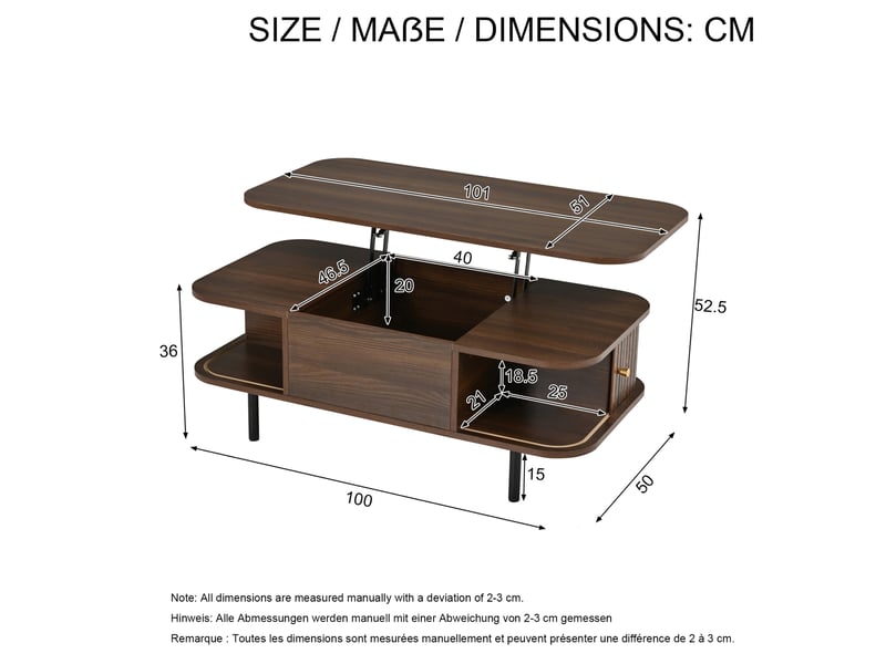  Table basse relevable avec rangement, table salon en mdf finition noyer, 101x51x52.5 cm  - Conforama C