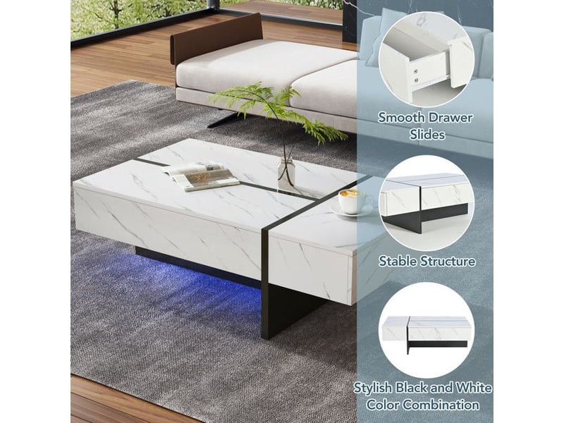  Table basse moderne avec led - blanc - motif marbre - plateau brillant - 3 tiroirs 105x60x35cm - Conforama D