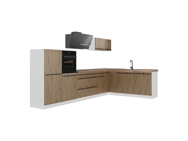  Vicco cuisine en angle, chêne artisanblanc, 347 x cm plan de travail chêne doré  - Conforama A
