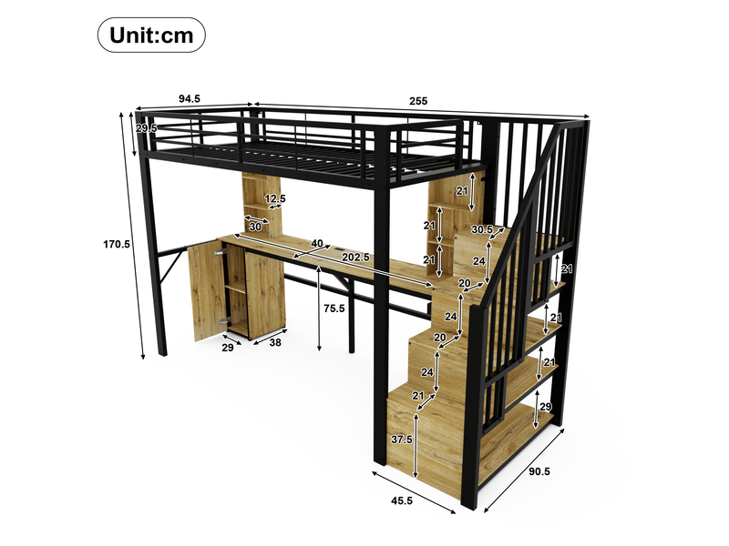 Lit mezzanine 90 x 200 cm avec bureau, rangements, escalier et port usb noir - Conforama C