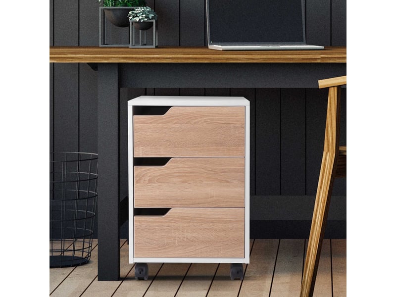  Caisson de bureau à roulettes, classeur à 3 tiroirs, meuble de rangement pour bureauétude, 40 x 50 x 57,5 cm, chêne et blanc  - Conforama D