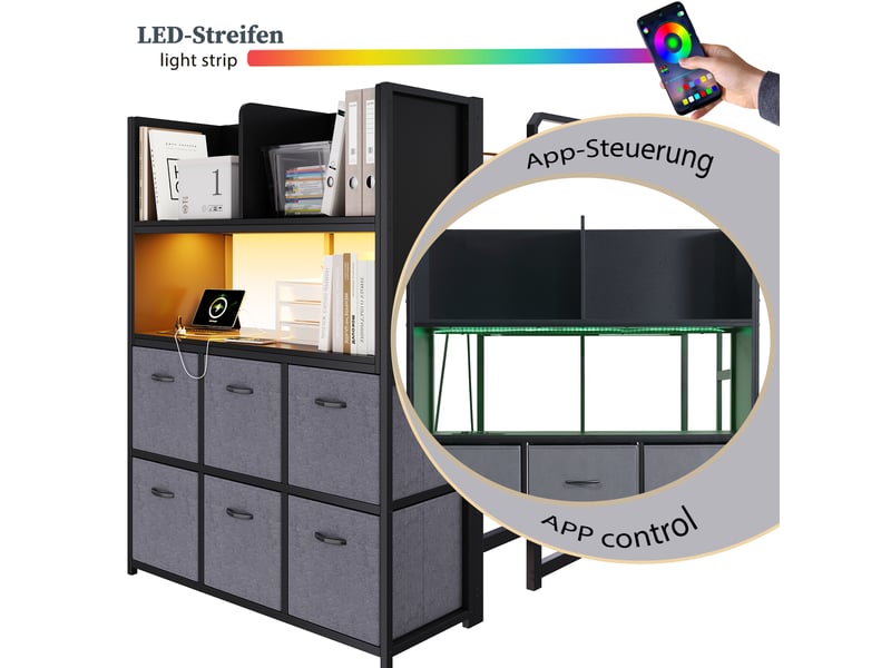  Lit mezzanine 120x200 cm noir en métal avec rangements, led et station de charge  - Conforama E