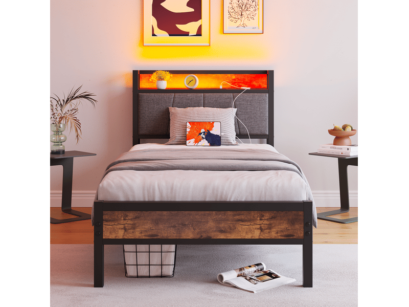  Lit simple 90x200 cm, couleur marron+noir, mdf et métal, led équipé de prise et usb  - Conforama D