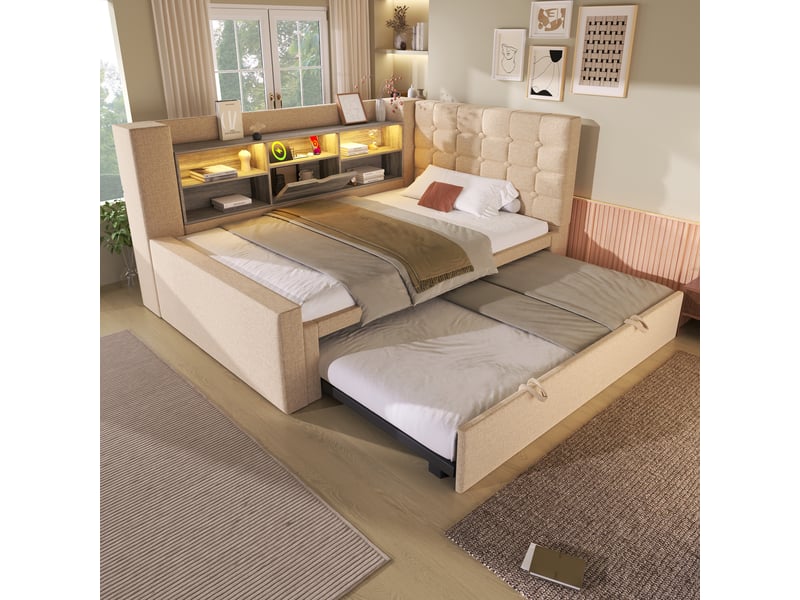 Lit avec rangement en lin et métal beige 90x200 cm - Conforama B
