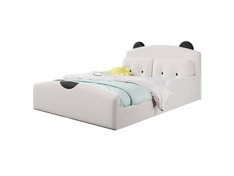 Lit rembourré blanc 140x200 cm en lin, 2 coussins décoratifs inclus, tête de lit en forme d’ours pour chambre d’enfant  - Conforama A