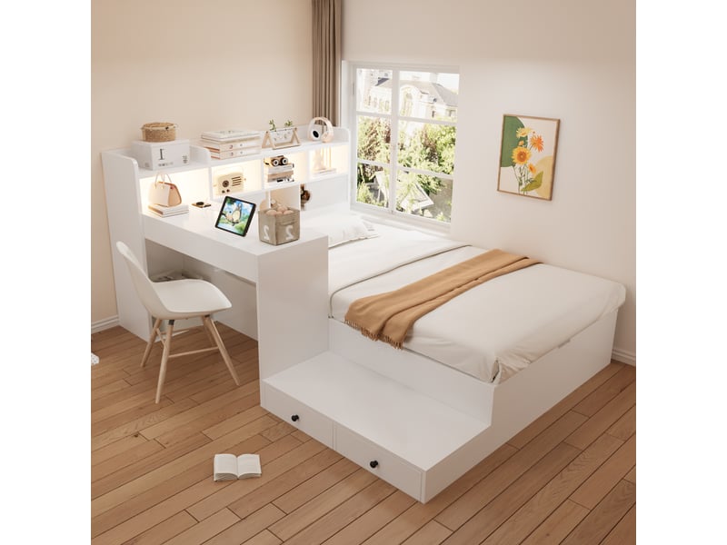  Lit coffre 90 x 200 cm avec rangement hydraulique, bureau, tête et pied de lit à rangements, prise et led, mdf - blanc OMNIGLINT TRADING LTD - Conforama B