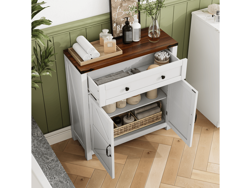  Buffet bas 76x30x83 cm avec tiroirs et étagères réglables, buffet salon en blanc, buffet de cuisine avec plans de travail en noyer  - Conforama E