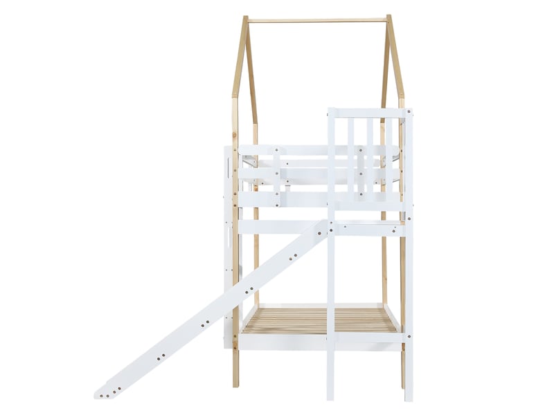  Lit superposé cabane enfant 2 x 90 x 200 cm avec toboggan blanc et naturel Fay Lum - Conforama E