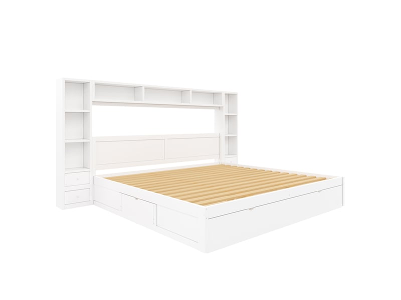  Lit plateforme avec rangement 180x200 cm blanc en mdf et contreplaqué, 7 tiroirs et éclairage led intégré  - Conforama D