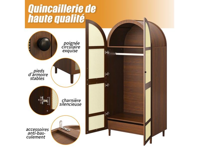  Armoire 80x50x179 cm avec penderie, portes en rotin, tiroir et rangement intérieur, design arrondi en mdf noyer OMNIGLINT TRADING LTD - Conforama E