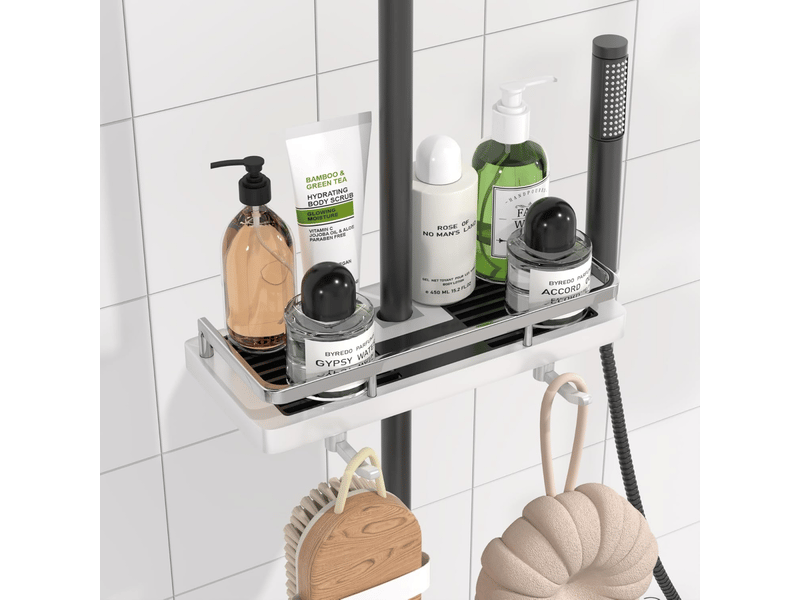 Etagere douche sans percage avec 2 crochets et 1 plateau support pour barre de salle de bain 18 à 25 mm blanc - Conforama B