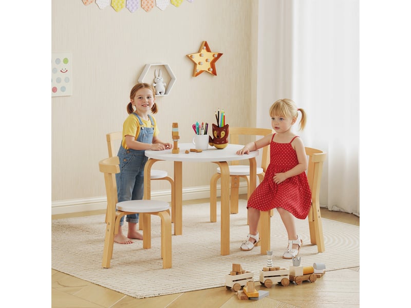  Ensemble table et chaises en bois 5 pièces pour enfants de 3 à 8 ans, blanc, bords arrondis  - Conforama B