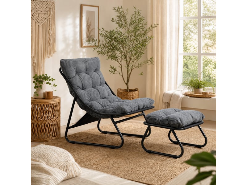  Fauteuil de jardin avec repose-pieds, coussins gris en velours côtelé et structure acier noire, style moderne  - Conforama B