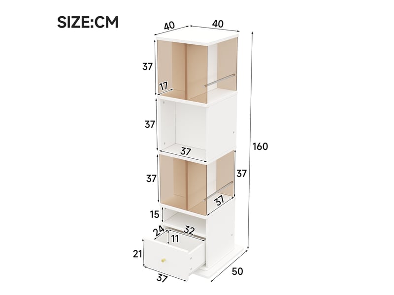  Vitrine rotative avec 1 tiroir, niches ouvertes et éclairage led pour salon en mdf et verre 50×50×160 cm blanc brun  - Conforama D