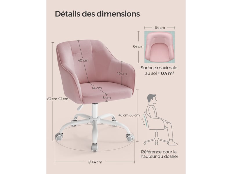  Fauteuil de bureau ergonomique réglable hauteur 64 x 64 x 93 cm design moderne confort optimal en velours rose bonbon 12_0009907  - Conforama B