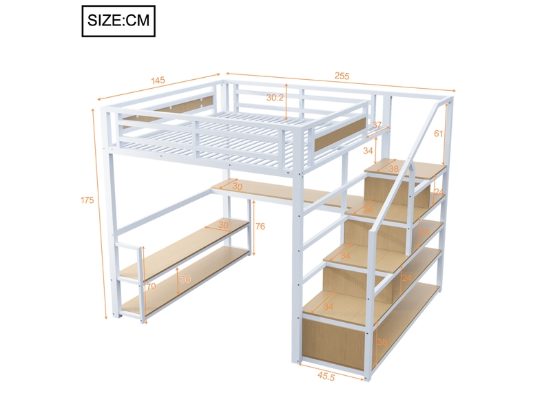  Lit mezzanine 140x200 cm avec bureau, étagères et escalier de rangement blanc  - Conforama C