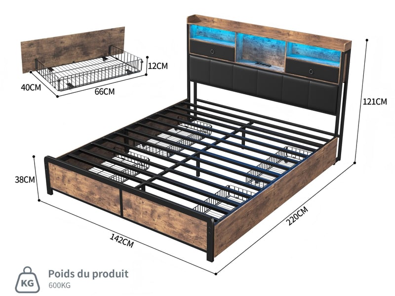  Lit 2 places 140x200 cm - led et usb - avec rangement et 4 paniers - métal et bois - noir  - Conforama C